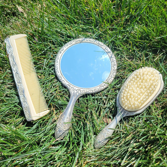 Vintage 50s Victorian Style Floral Filigree Victorian Style Vanity Set Silver Plated Hand Mirror Celluloid Comb and Soft Bristle Brush