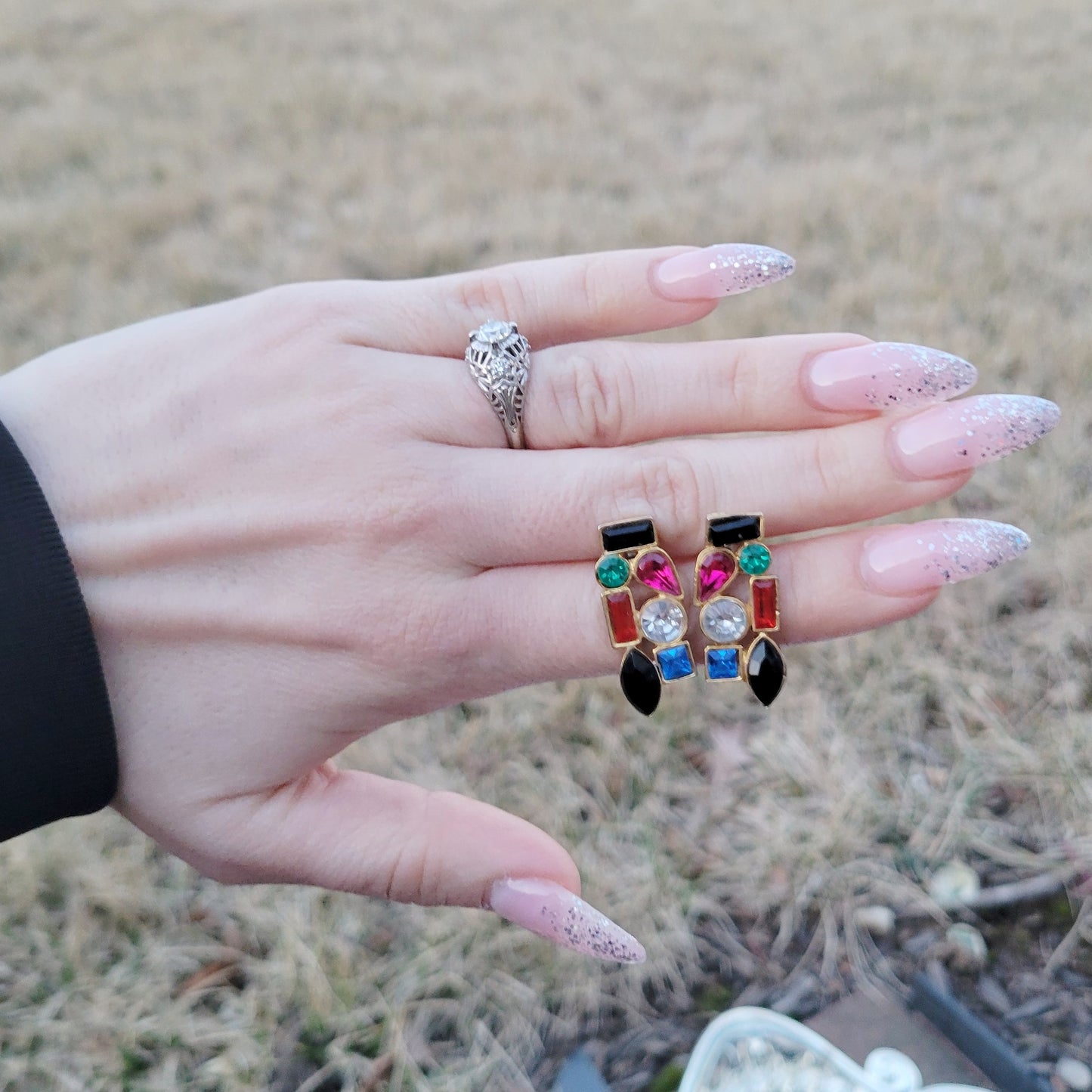 Vintage 90s Jewel Cluster Earrings EclectiC Rhinstone Funky Earrings