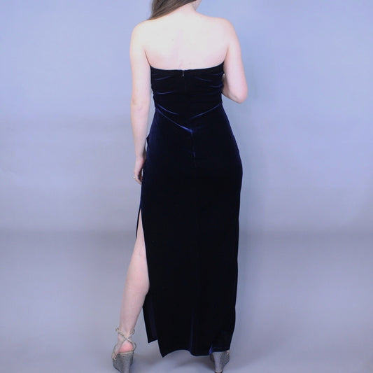 Vintage Y2k Blue Velvet Maxi Dress with Side Slit by Jessica McClintock Millennium 2000