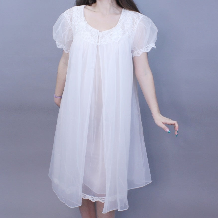 Vintage 60s Babydoll Peignoir Set Matching Bridal Nightgown and Robe With Lace Flowers