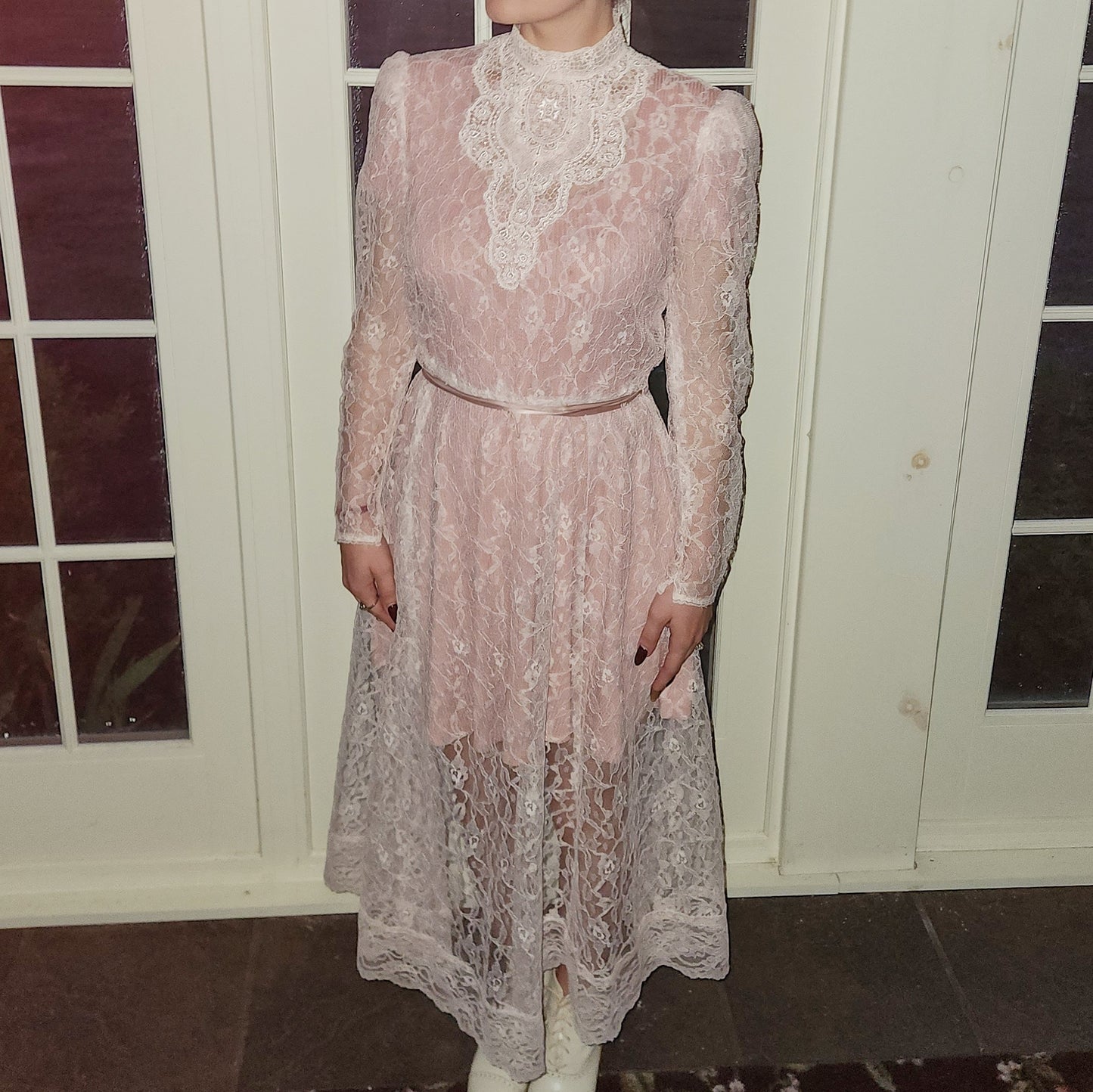 Vintage 80s Sheer Pink Lace Victorian Style Dress