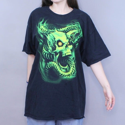 Vintage Y2k Neon Skull Snake T-shirt Biker Goth Grunge Streetwear