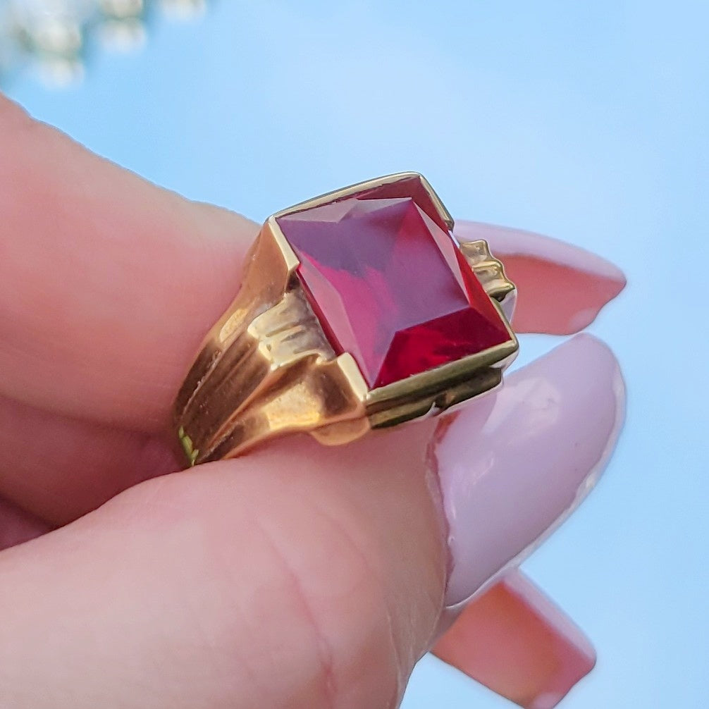 Antique Art Deco 10k Gold Giant Ruby Ring Men's Ring in Original Vintage 20s Celluloid Box by John A. Schultz