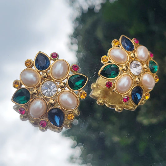 Vintage 80s Monet Faux Pearl and Gem Maltese Cross Look Glam Earrings
