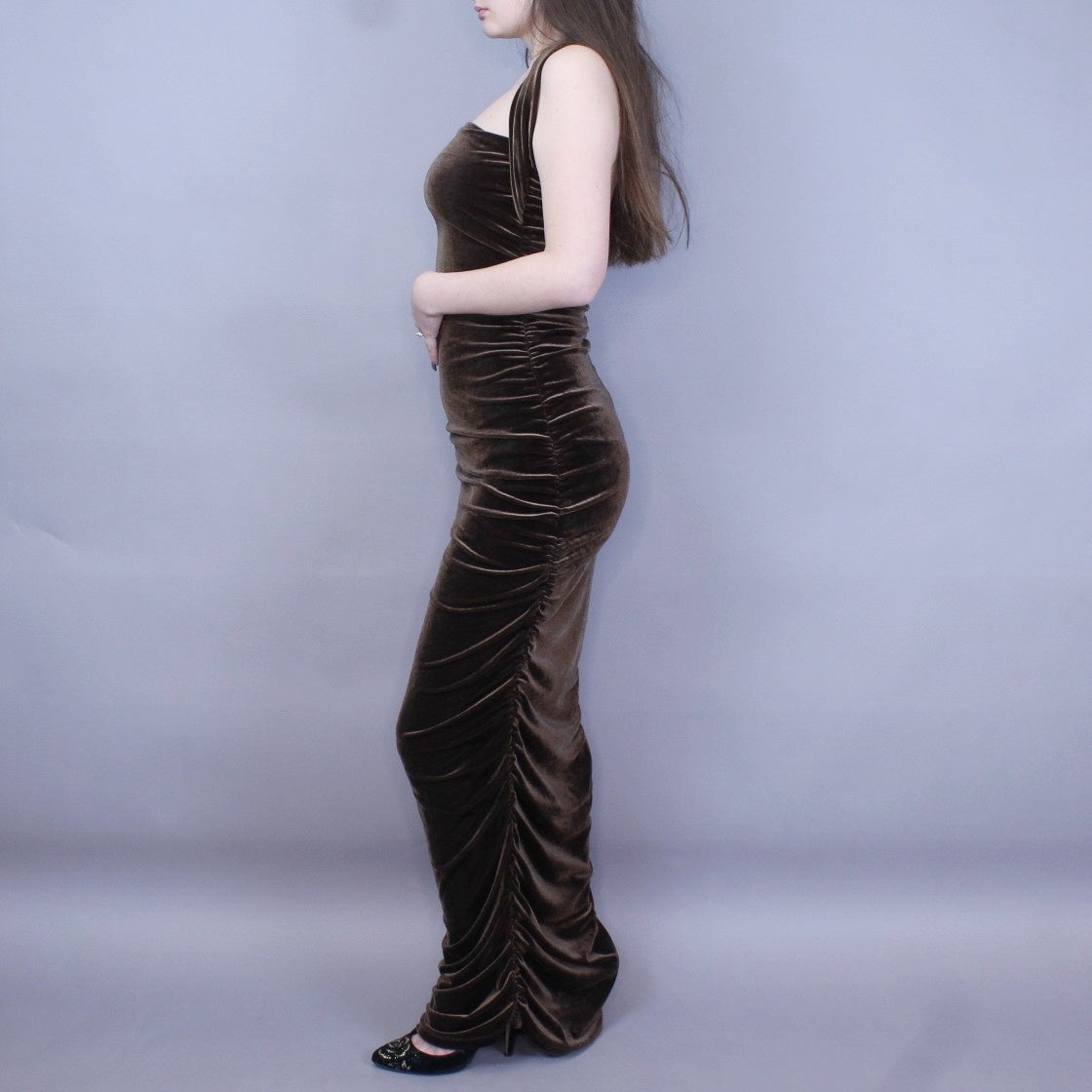 Vintage 90s Brown Velvet Evening Gown by Hugo Buscati Collection