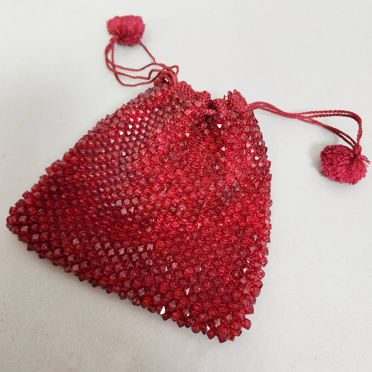 Vintage 30s Ruby Red Glass Beaded Reticule Pouch Purse