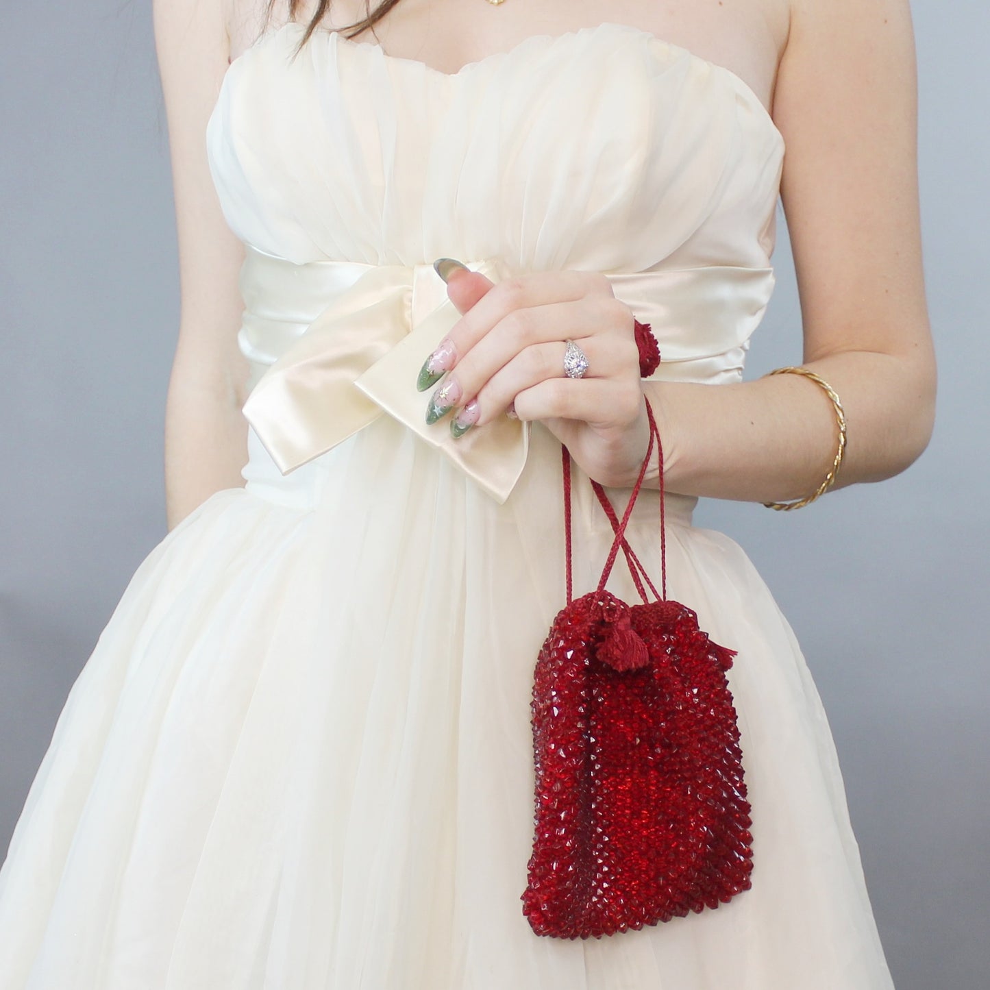 Vintage 30s Ruby Red Glass Beaded Reticule Pouch Purse