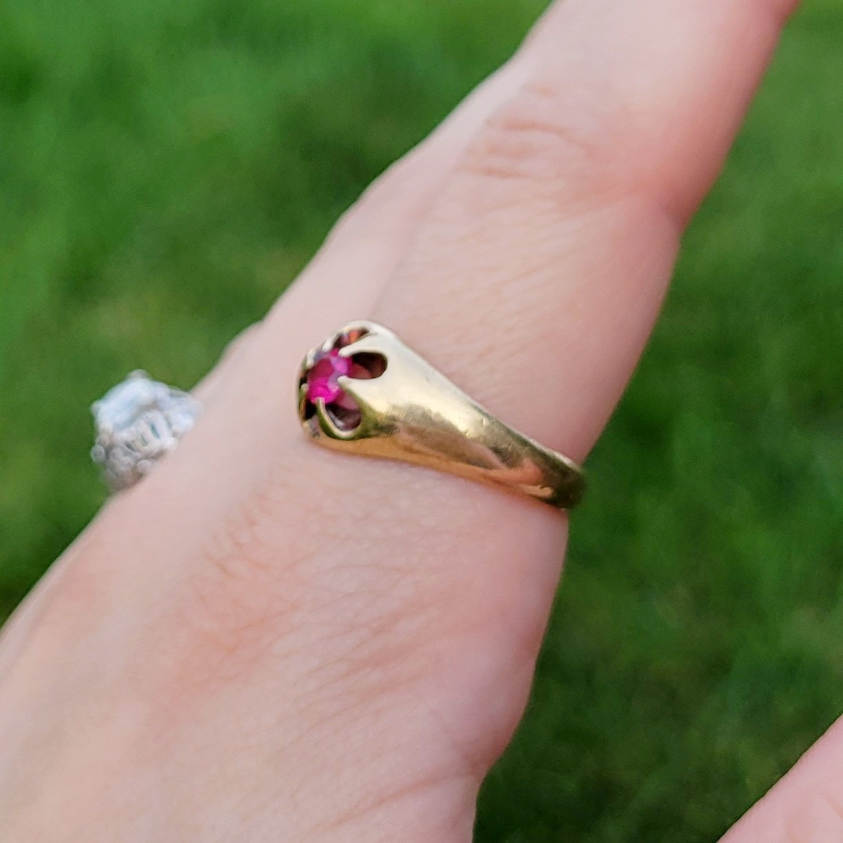 Antique Edwardian 14k Solid Yellow Gold Ring with Belcher Set Electric Pink Ruby