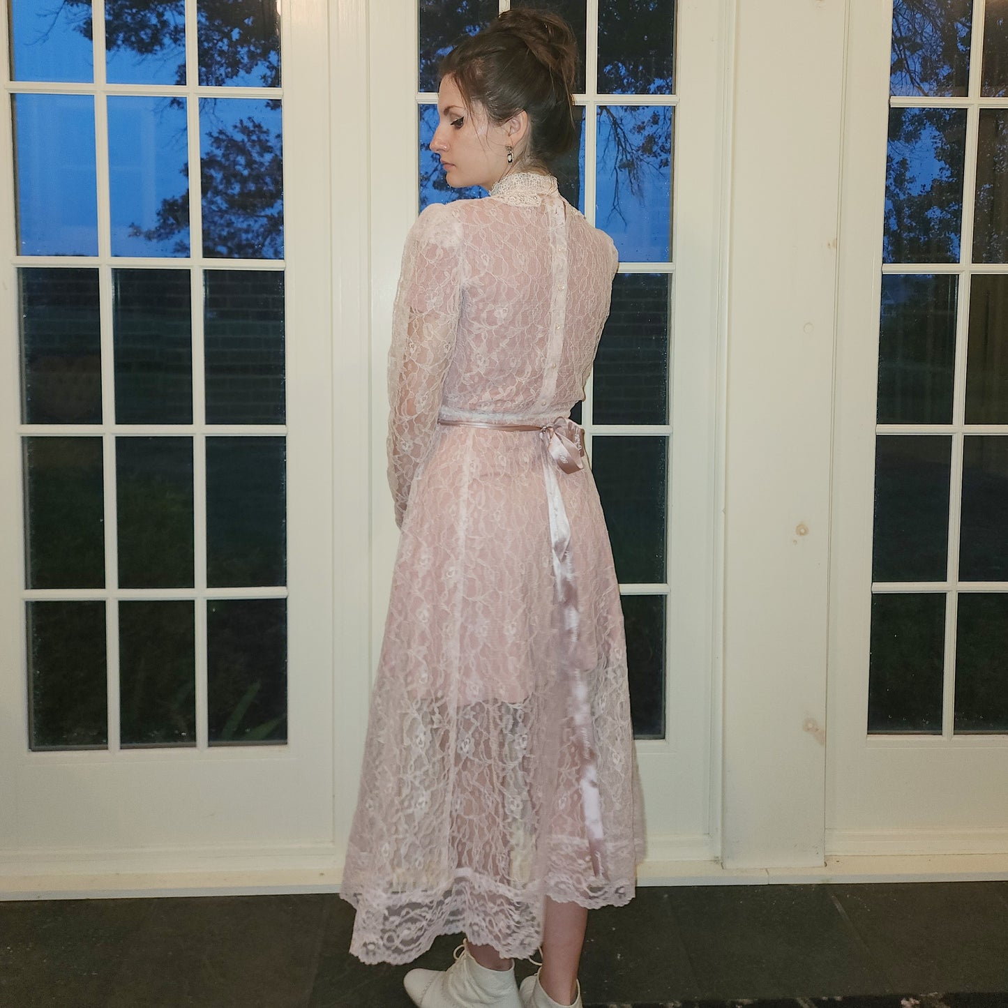 Vintage 80s Sheer Pink Lace Victorian Style Dress
