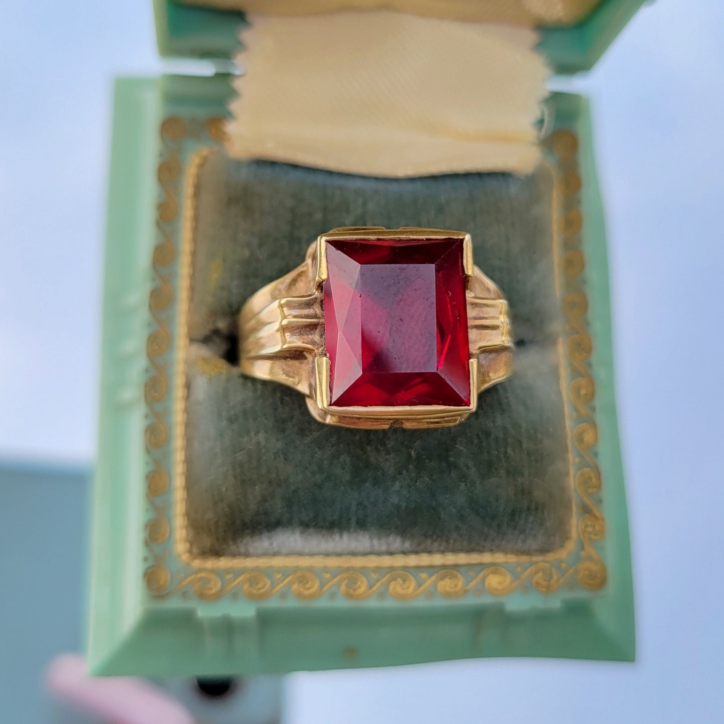 Antique Art Deco 10k Gold Giant Ruby Ring Men's Ring in Original Vintage 20s Celluloid Box by John A. Schultz