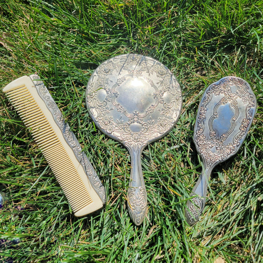 Vintage 50s Victorian Style Floral Filigree Victorian Style Vanity Set Silver Plated Hand Mirror Celluloid Comb and Soft Bristle Brush