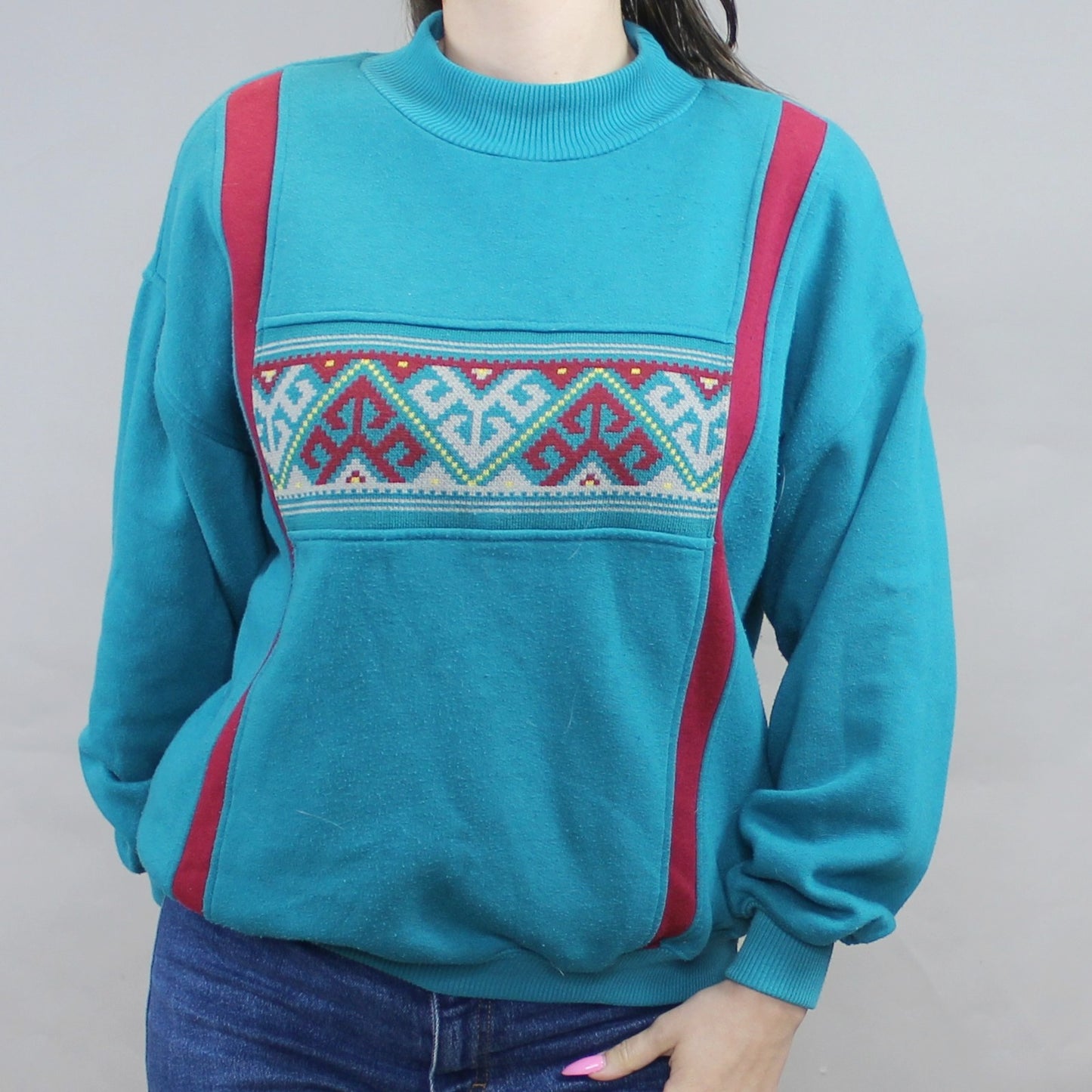 Vintage 80s Mock Neck Turquoise Sweatshirt