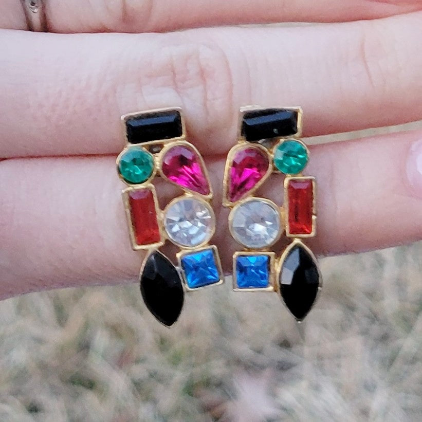 Vintage 90s Jewel Cluster Earrings EclectiC Rhinstone Funky Earrings