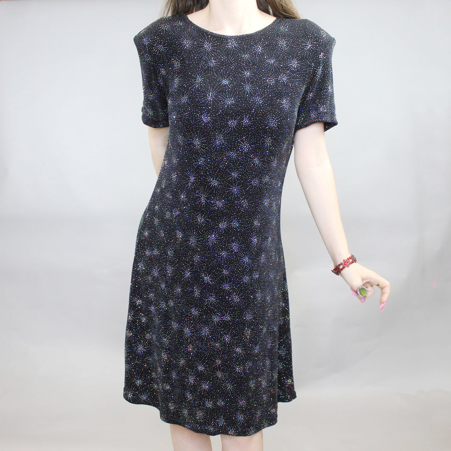 Vintage 90s Glitter Starburst T-shirt Mini Dress by Molly Malloy Evenings