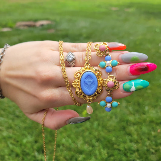 Vintage 80s Matching Jewelry Set Intaglio Glass Flower Cameo and Matching Earrings by Trifari