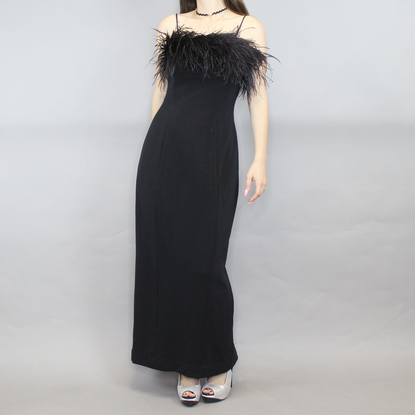 Vintage 90s Ostrich Feather Evening Gown Prom Dress by Alex Evenings