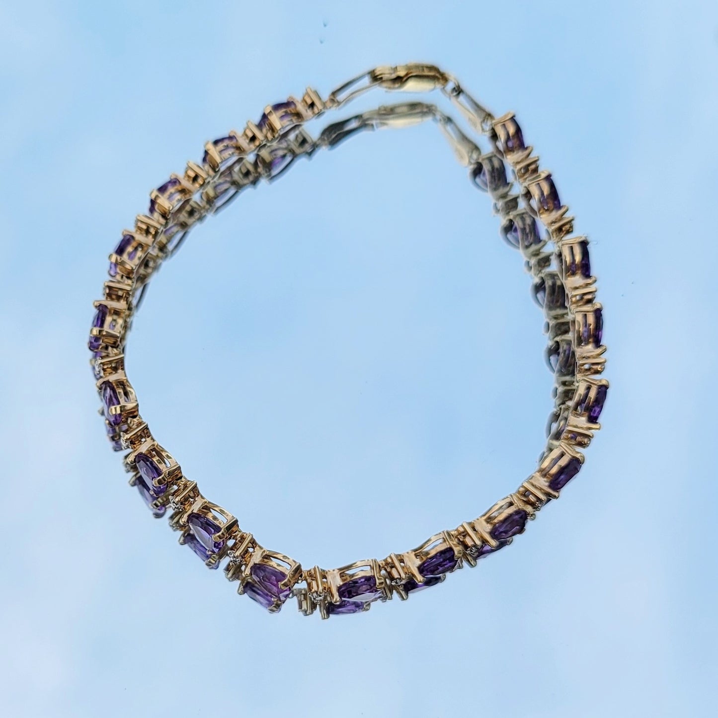 Vintage 90s Amethyst Heart Tennis Bracelet 10K Yellow Gold Signed Bracelet with Diamond Accent