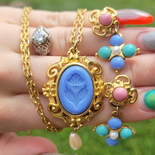 Vintage 80s Matching Jewelry Set Intaglio Glass Flower Cameo and Matching Earrings by Trifari