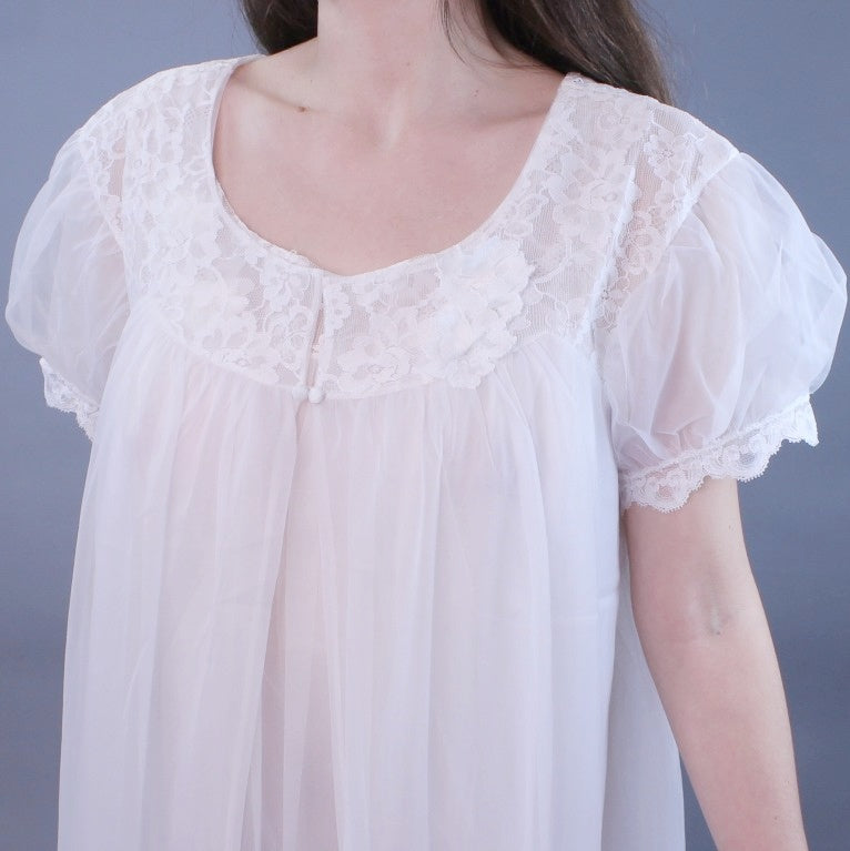 Vintage 60s Babydoll Peignoir Set Matching Bridal Nightgown and Robe With Lace Flowers