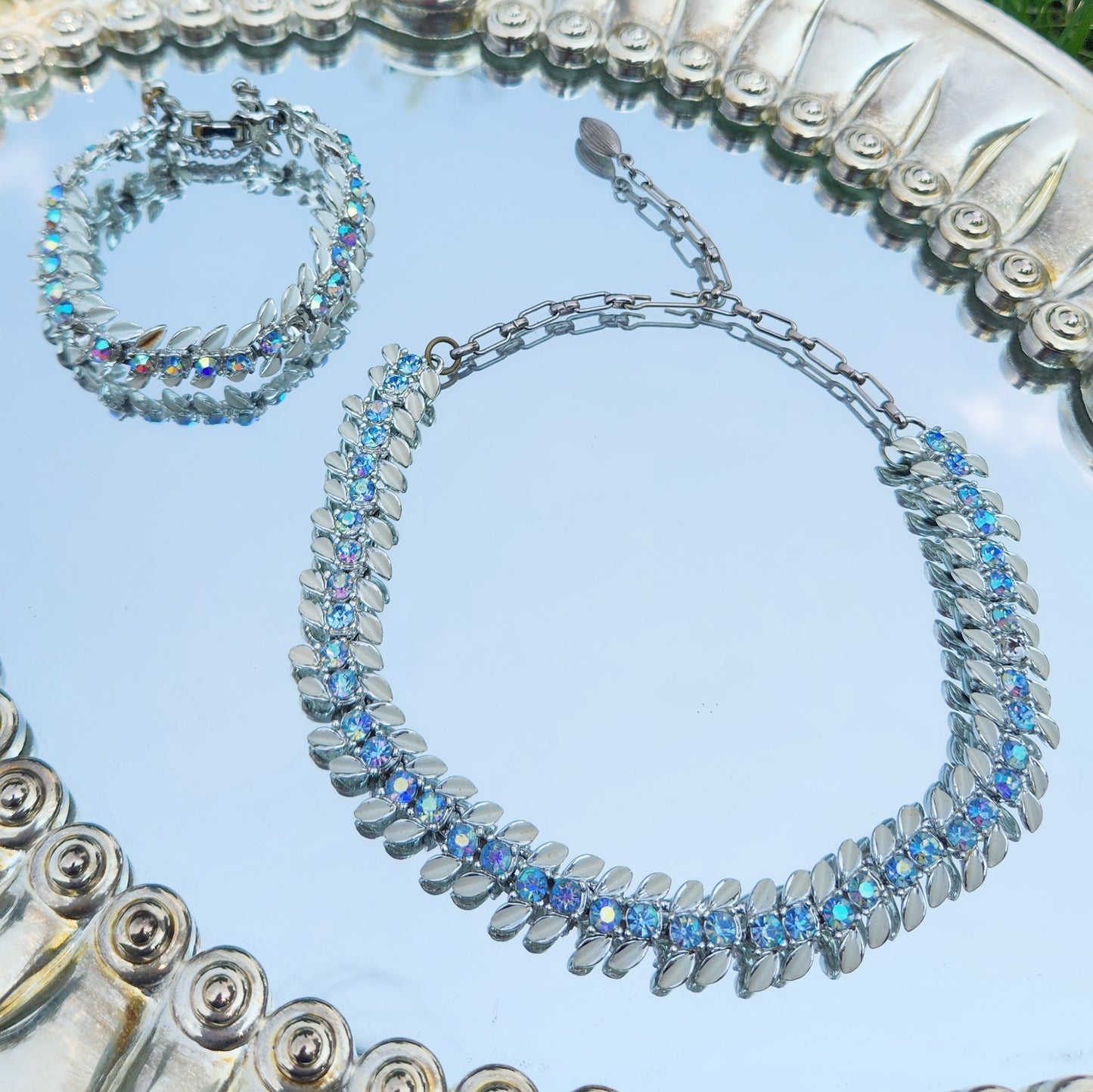 Vintage 60s Aurora Borealis Rhinestone Jewelry Set Bracelet & Choker