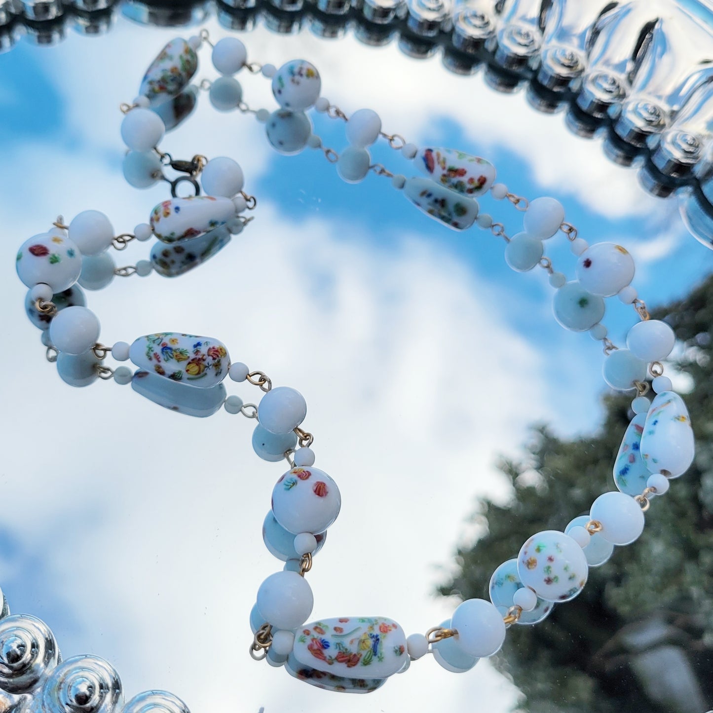 Vintage 60s Millefiori Milk Glass Beaded Necklace