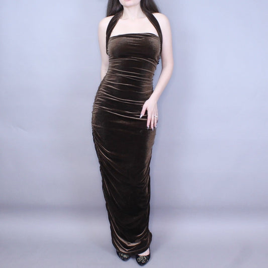 Vintage 90s Brown Velvet Evening Gown by Hugo Buscati Collection