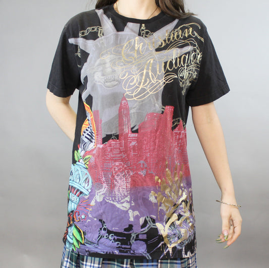 Christian Audigier All Over Print Foil NYC LA Tshirt