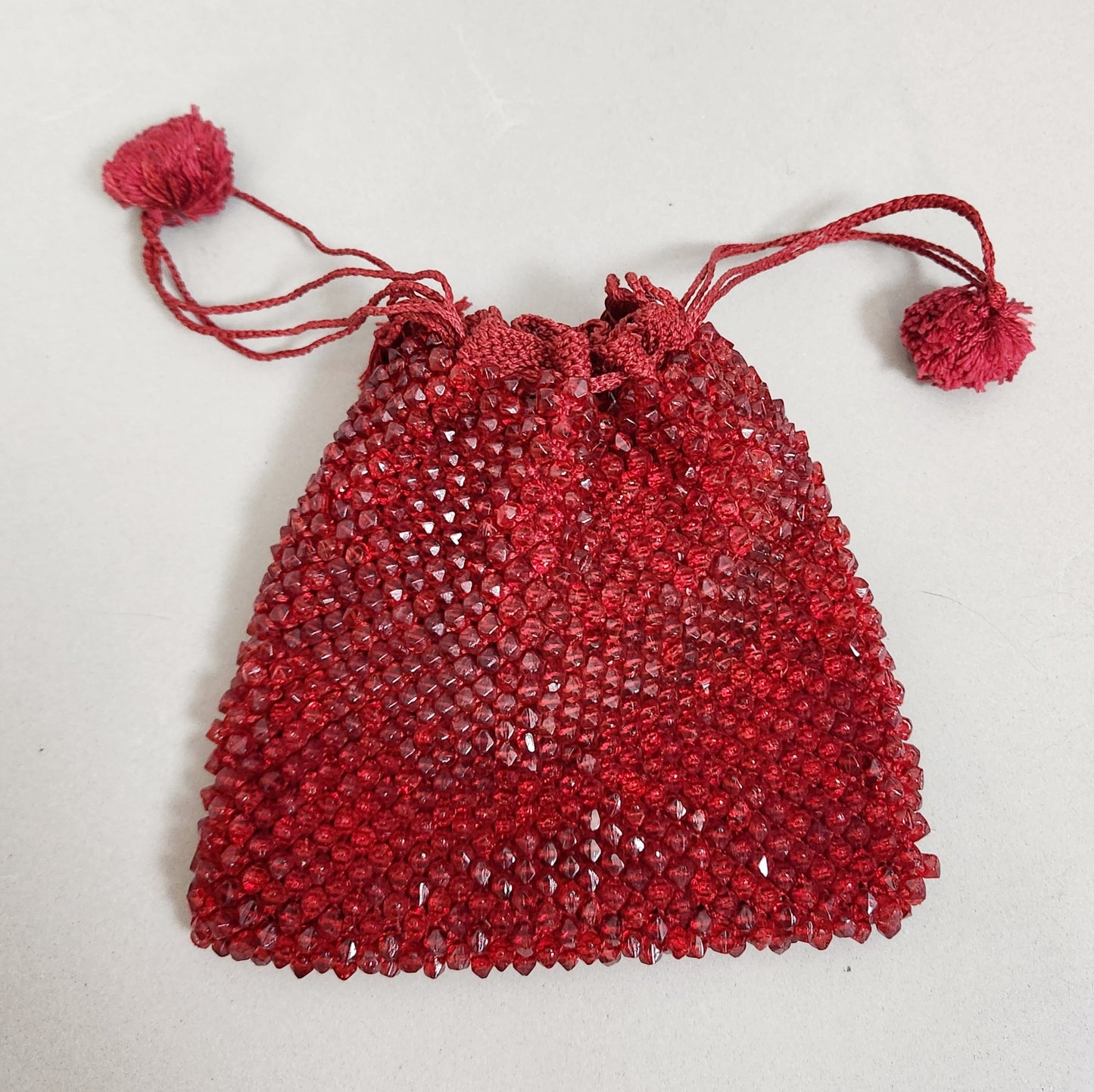 Vintage 30s Ruby Red Glass Beaded Reticule Pouch Purse