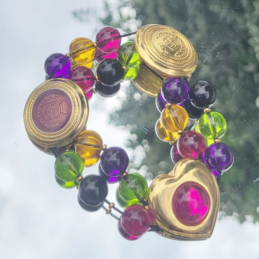 Vintage 80s Funky Colorful Beaded Bracelet with Heart and Liz Claiborne Crest Charms