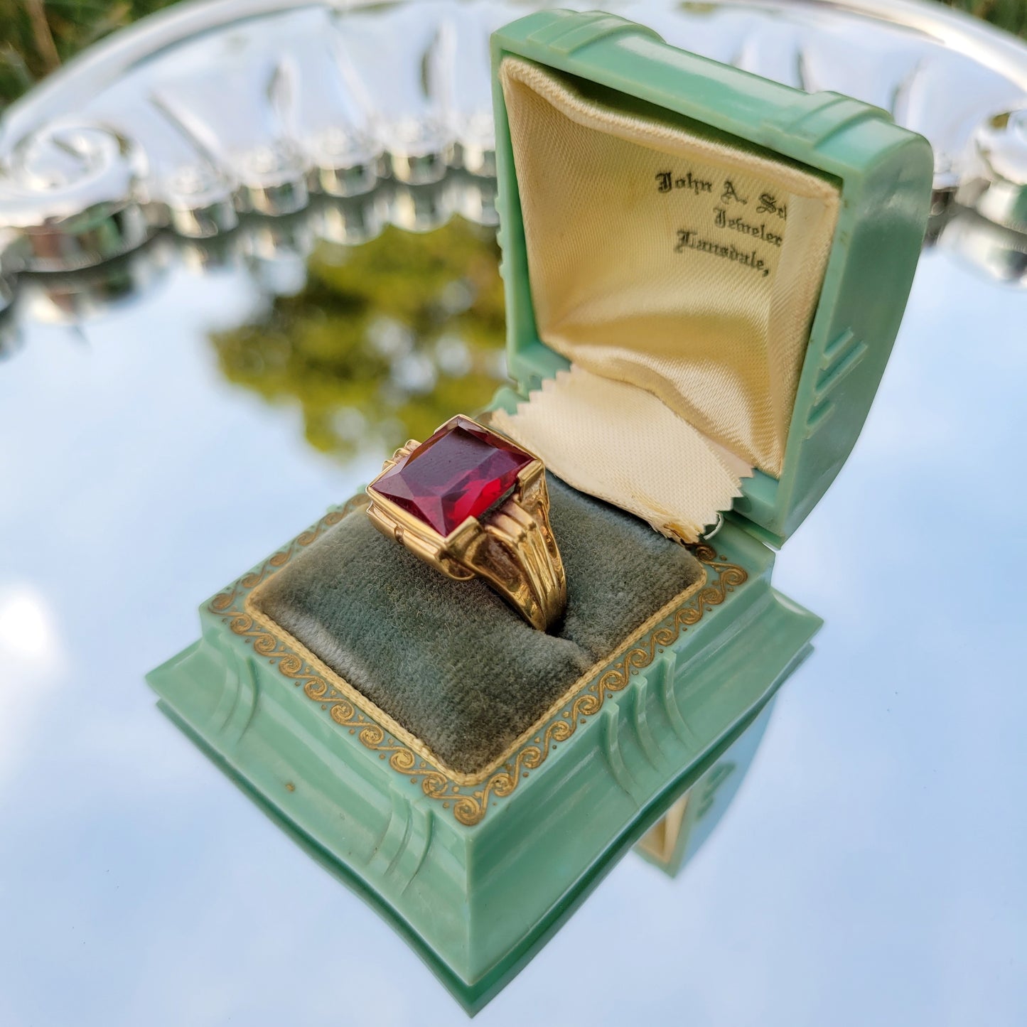 Antique Art Deco 10k Gold Giant Ruby Ring Men's Ring in Original Vintage 20s Celluloid Box by John A. Schultz