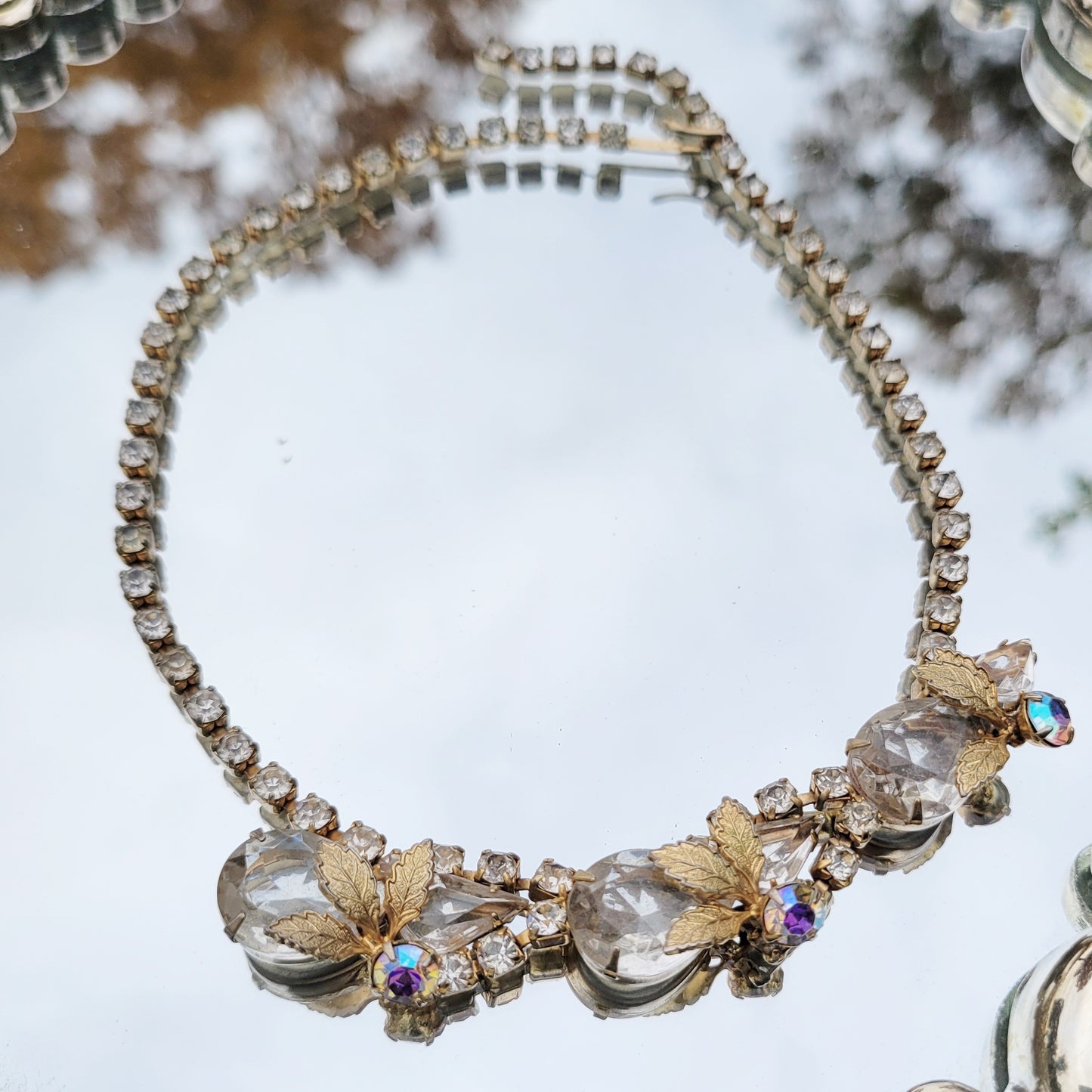 Vintage 50s Rhinestone Choker with Leaf Details