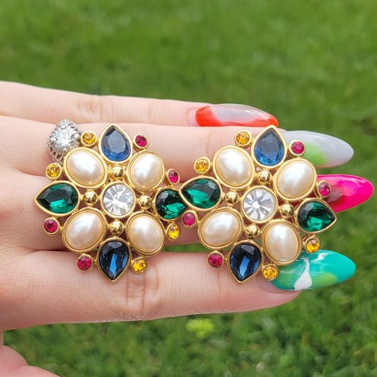 Vintage 80s Monet Faux Pearl and Gem Maltese Cross Look Glam Earrings