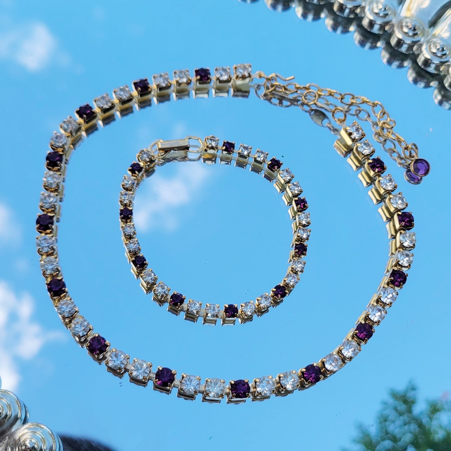 Vintage 90s Matching Jewelry Set Signed Tennis Bracelet and Crystal Choker by Trifari