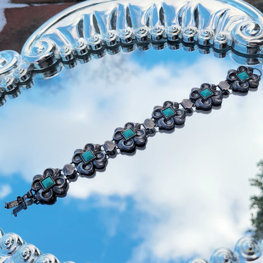Vintage 40s Sterling Silver & Turquoise Panel Bracelet