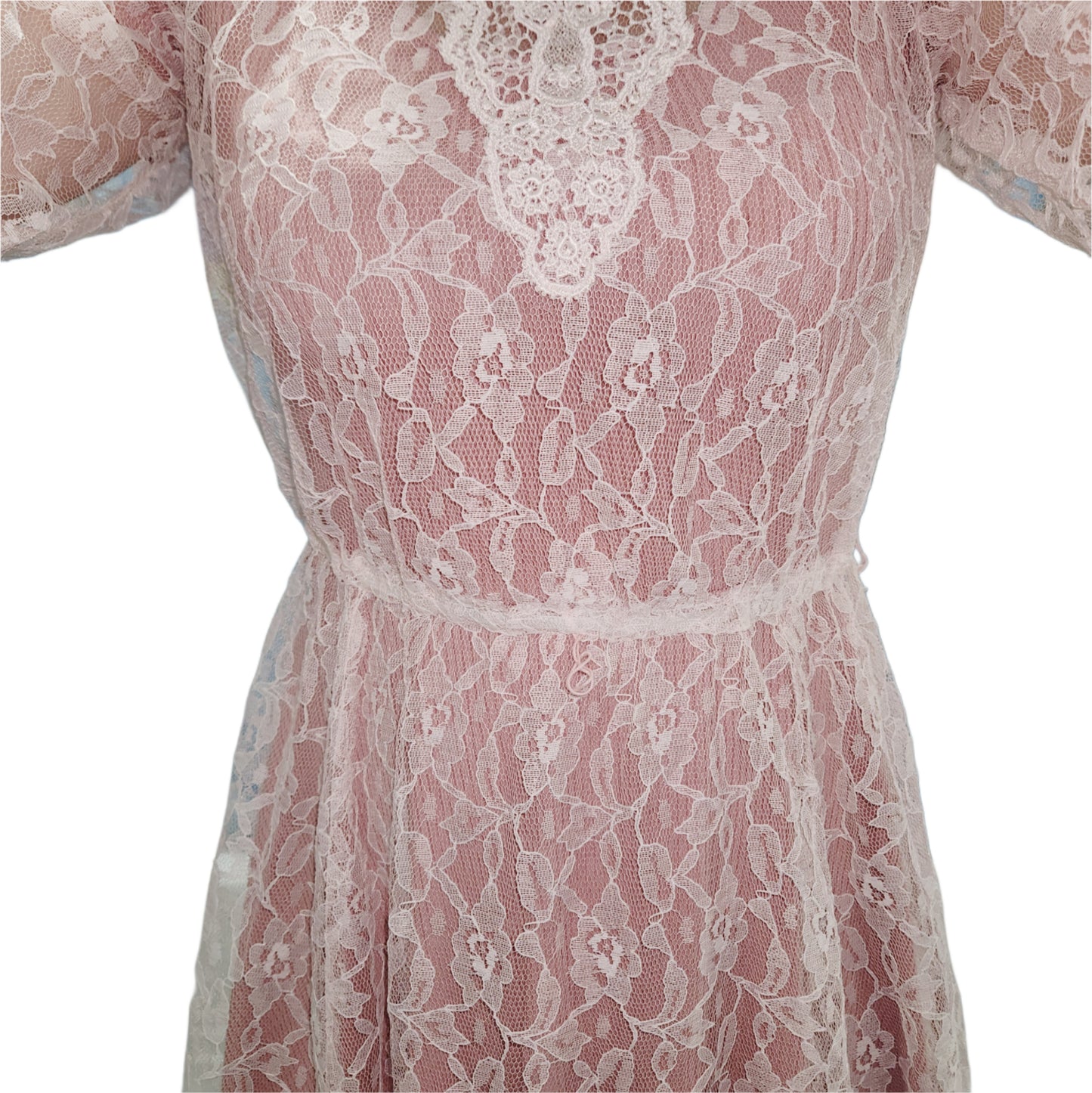 Vintage 80s Sheer Pink Lace Victorian Style Dress