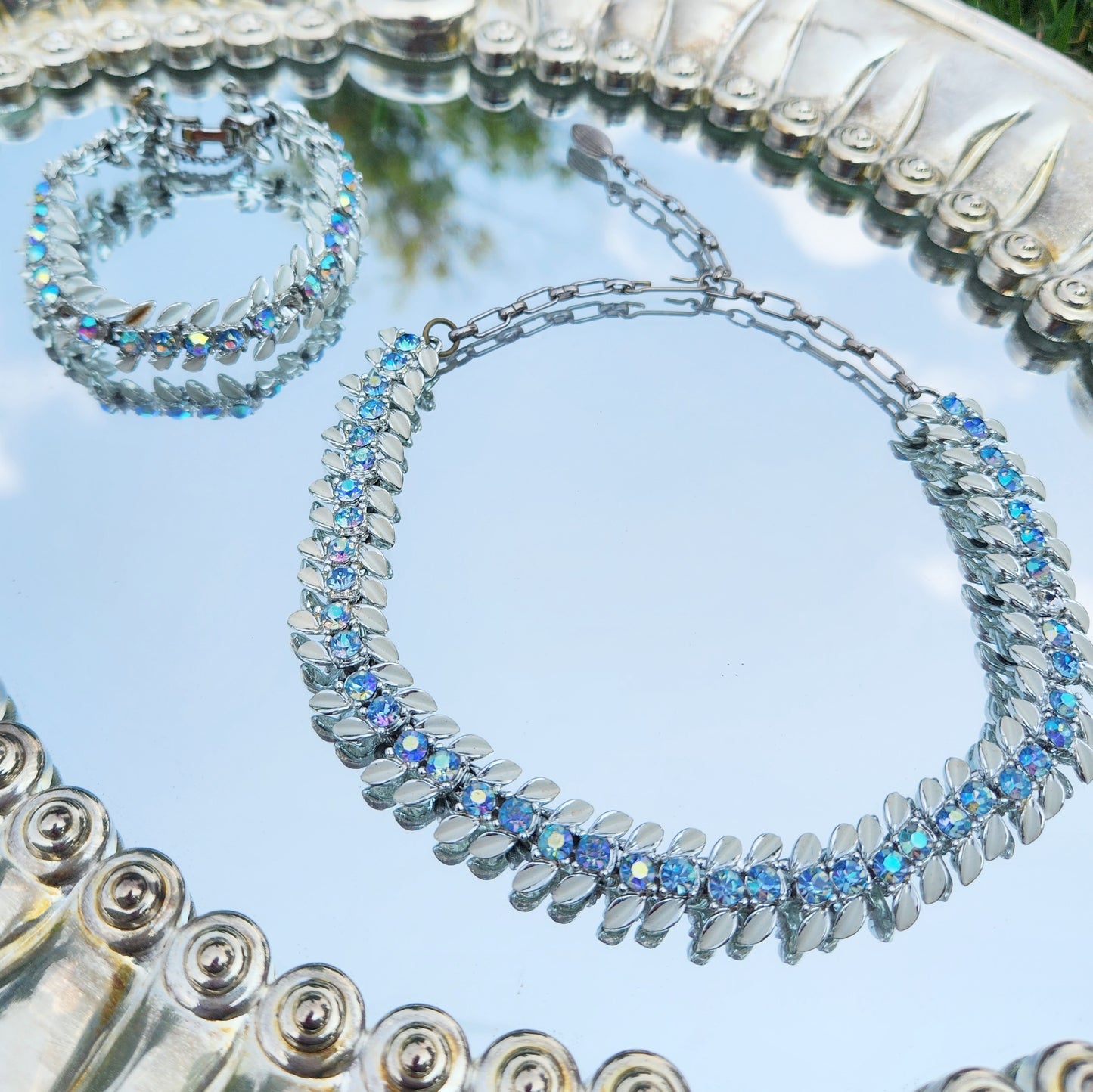 Vintage 60s Aurora Borealis Rhinestone Jewelry Set Bracelet & Choker