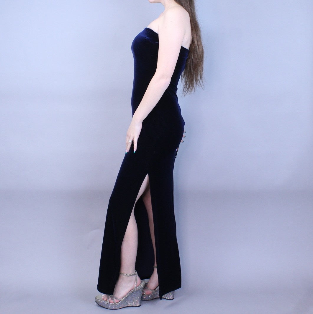 Vintage Y2k Blue Velvet Maxi Dress with Side Slit by Jessica McClintock Millennium 2000