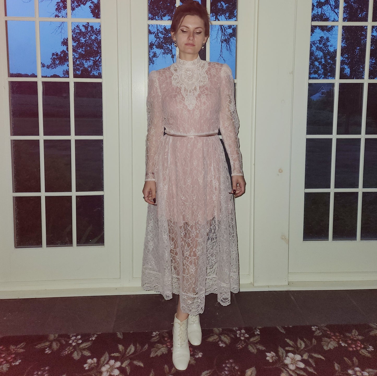 Vintage 80s Sheer Pink Lace Victorian Style Dress