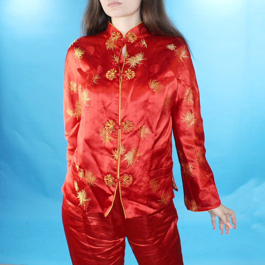 Vintage 70s Red Silky Pant and Jacket Set Handmade in Hong Kong