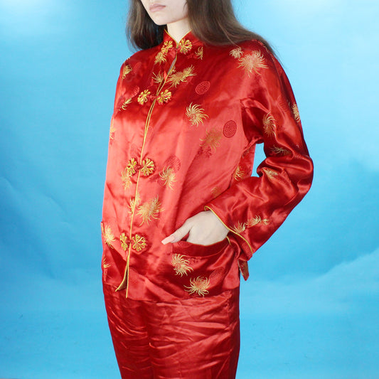 Vintage 70s Red Silky Pant and Jacket Set Handmade in Hong Kong