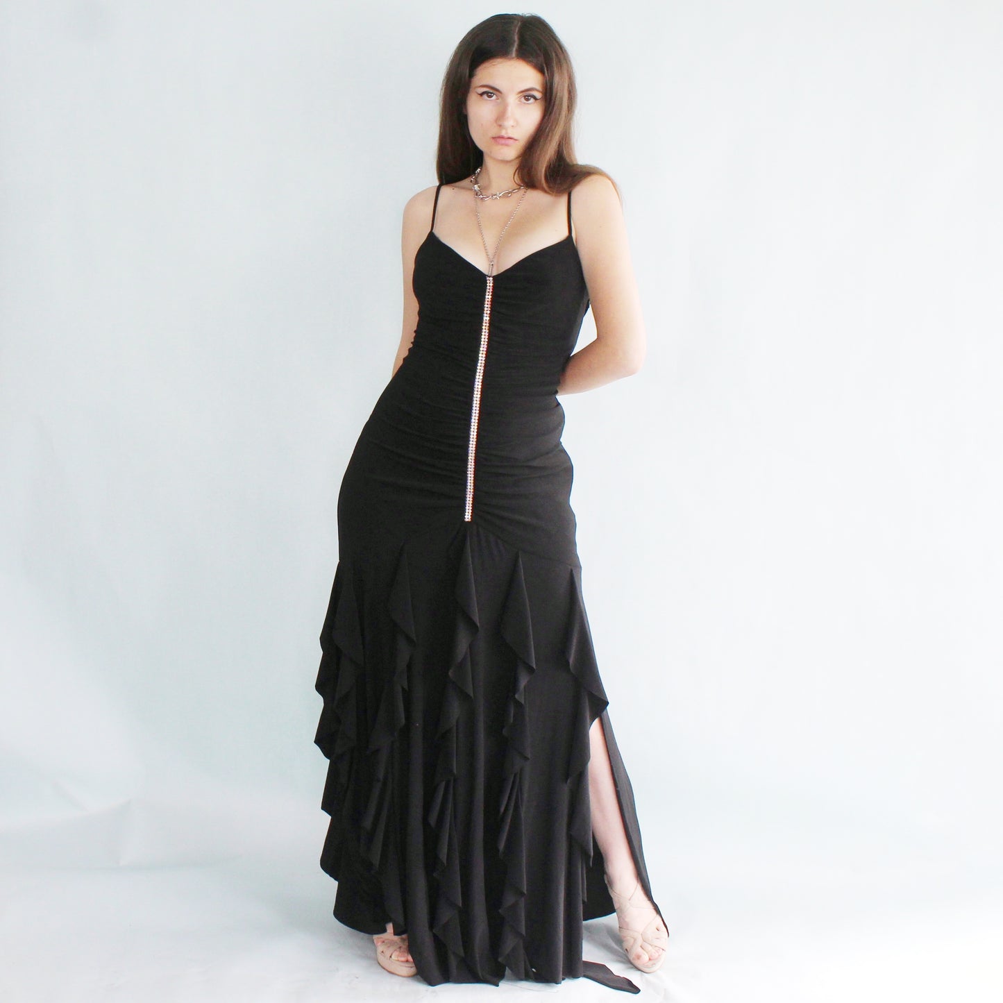 Vintage 90s Ruched Ruffle Prom Dress by Scott McClintock