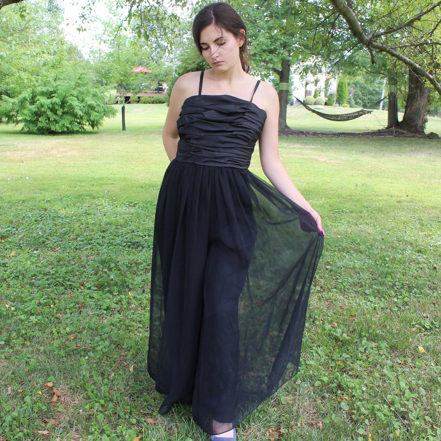 Vintage 80s Flowy Wide Leg Formal Jumpsuit from Morton Myles for the Warrens