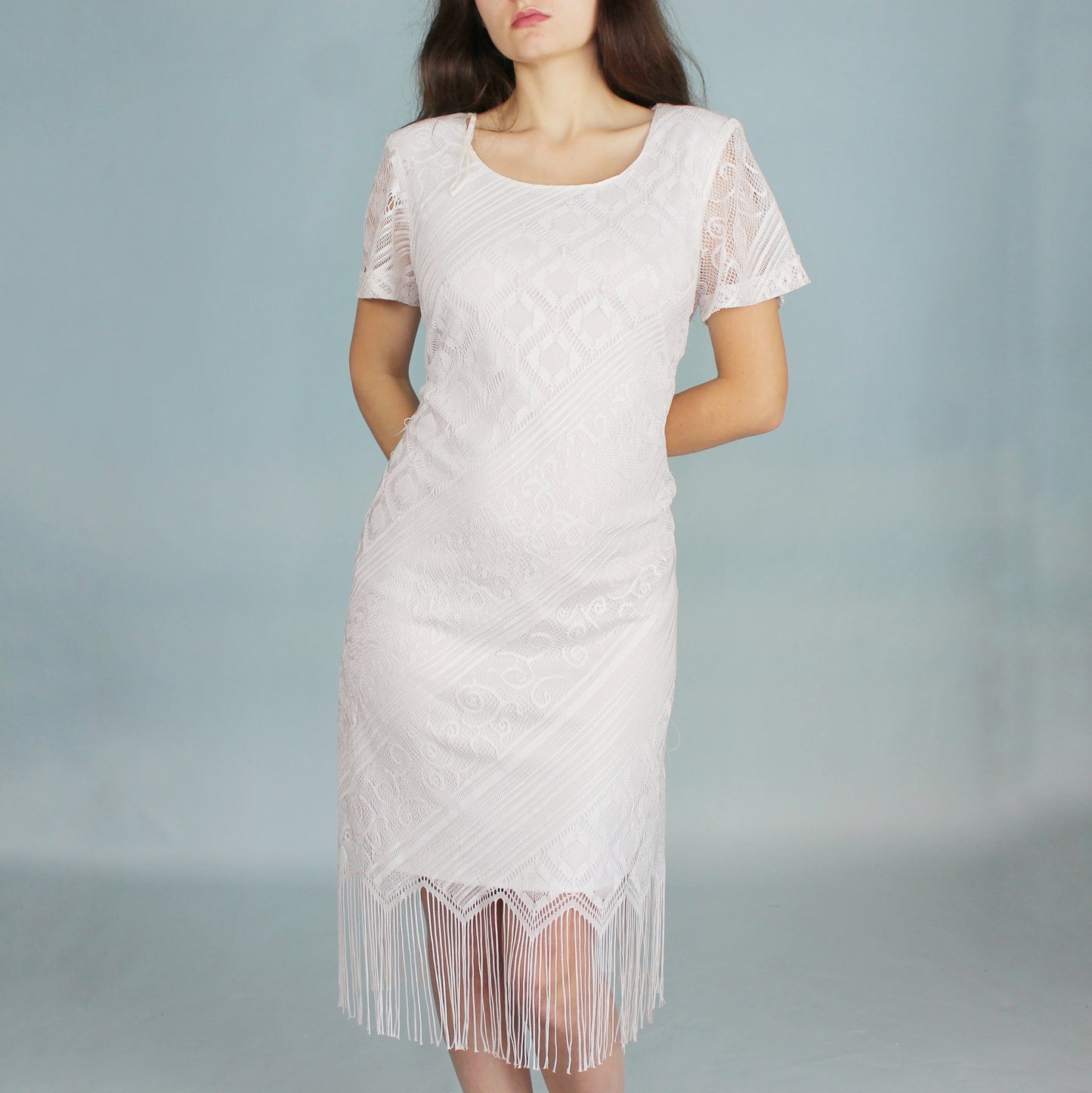 Vintage 90s White Boho Fringe Dress by Helene Blake