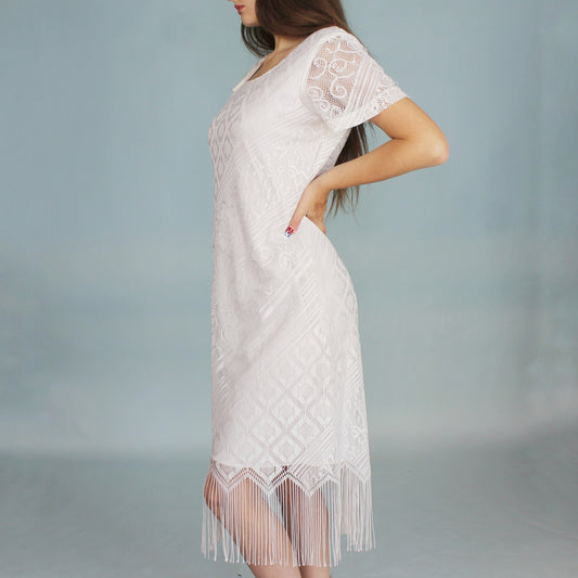 Vintage 90s White Boho Fringe Dress by Helene Blake