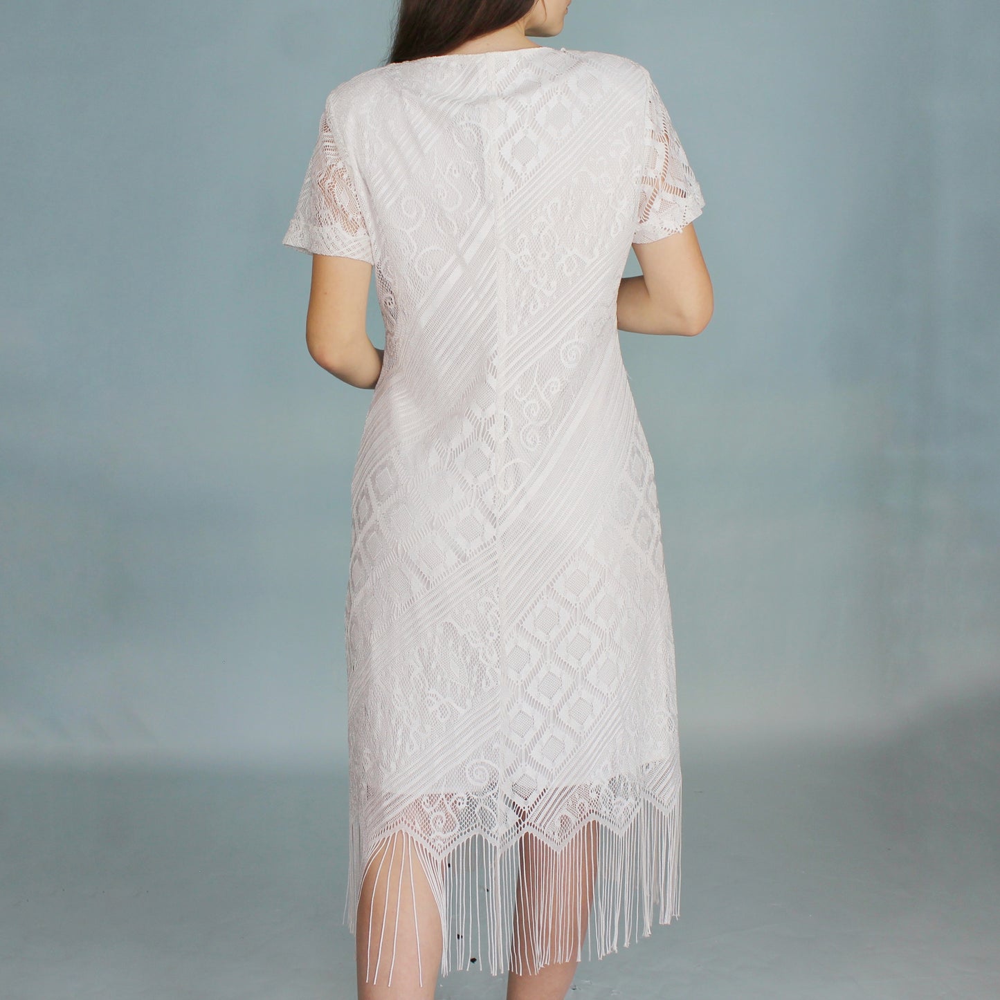 Vintage 90s White Boho Fringe Dress by Helene Blake