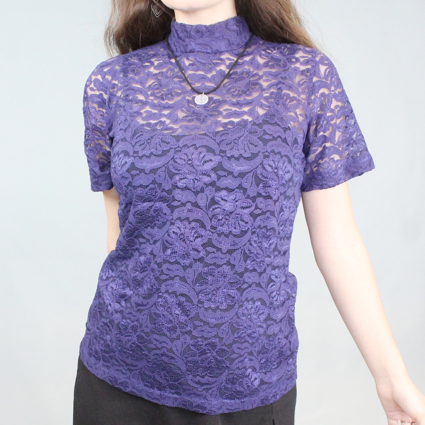 Vintage 80s Blue Lace Mock Neck Tee by Bedford Fair