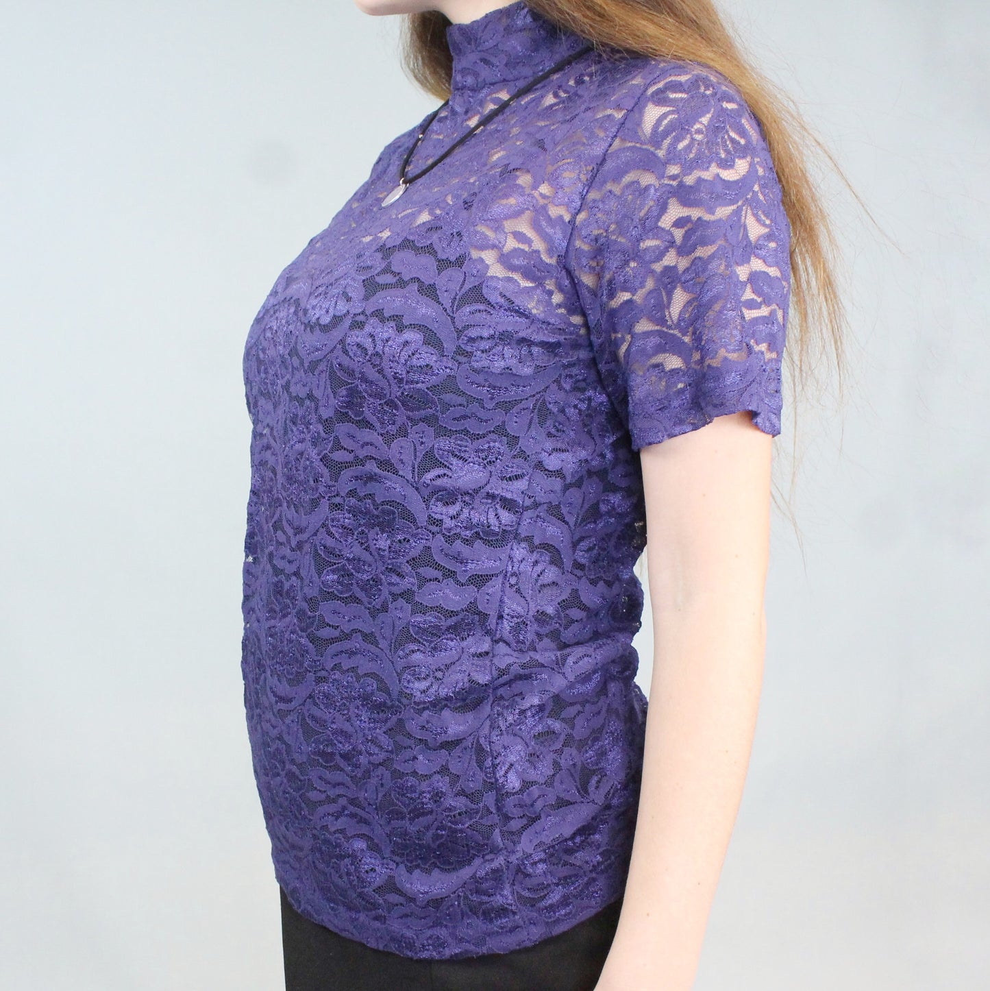 Vintage 80s Blue Lace Mock Neck Tee by Bedford Fair