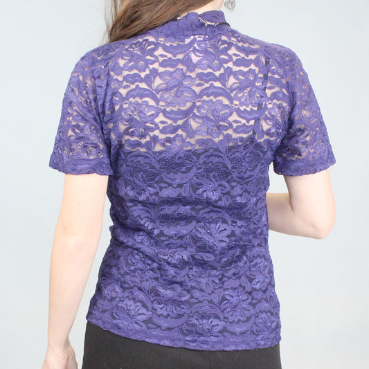 Vintage 80s Blue Lace Mock Neck Tee by Bedford Fair