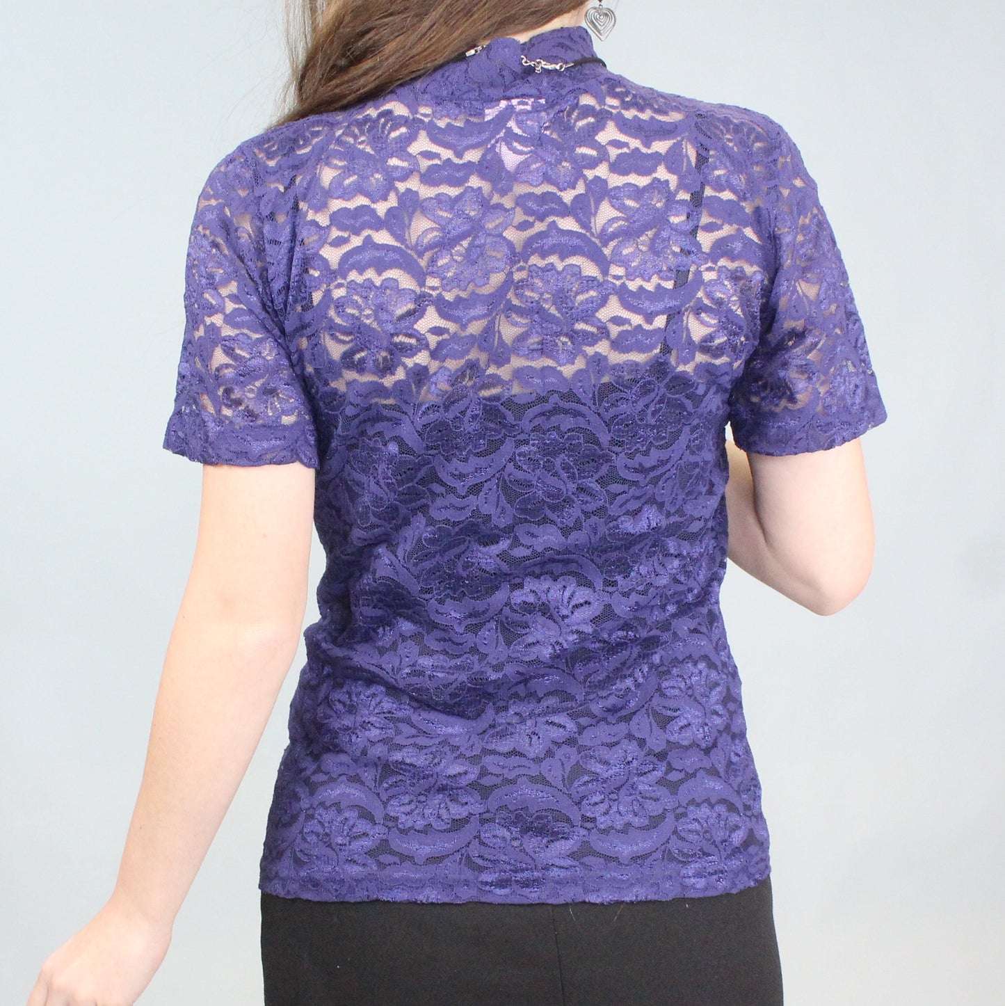 Vintage 80s Blue Lace Mock Neck Tee by Bedford Fair