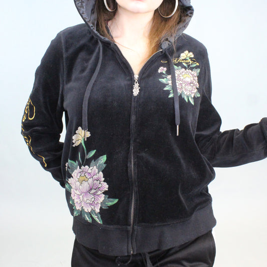 Vintage Y2k Ed Hardy Velour Kiss Of Death Hoodie by Christian Audigier Genuine EH